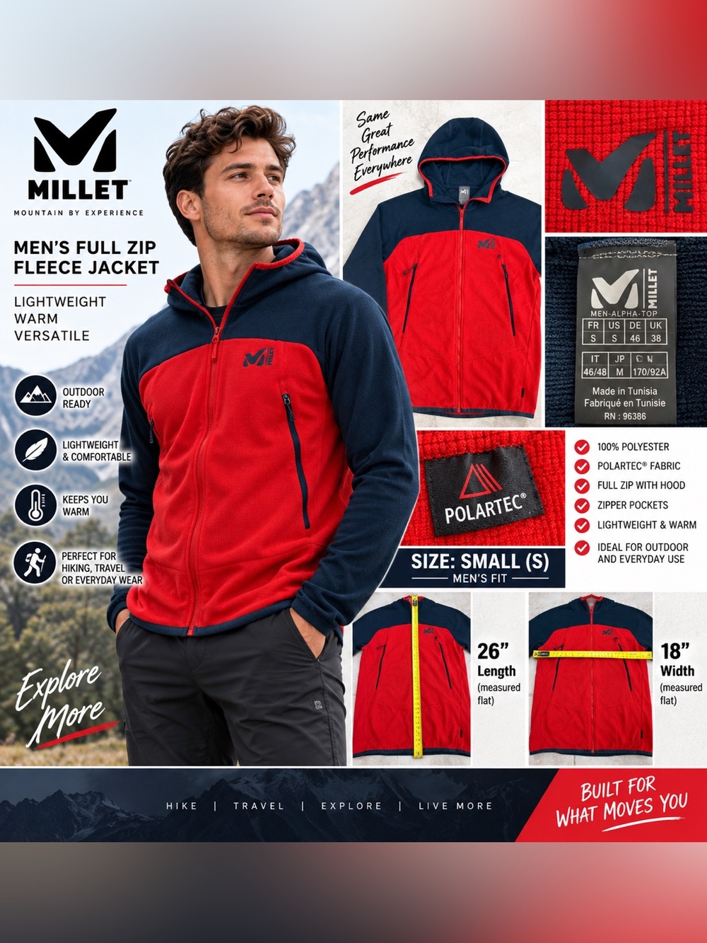 Millet Men’s Alpha Top Polartec Fleece Hooded Full Zip Jacket Red Navy Small S
